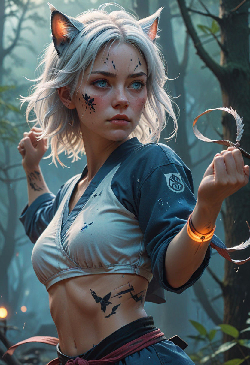 Dreamlike Martial Artist with Whispy Hair and Faint Tattoos