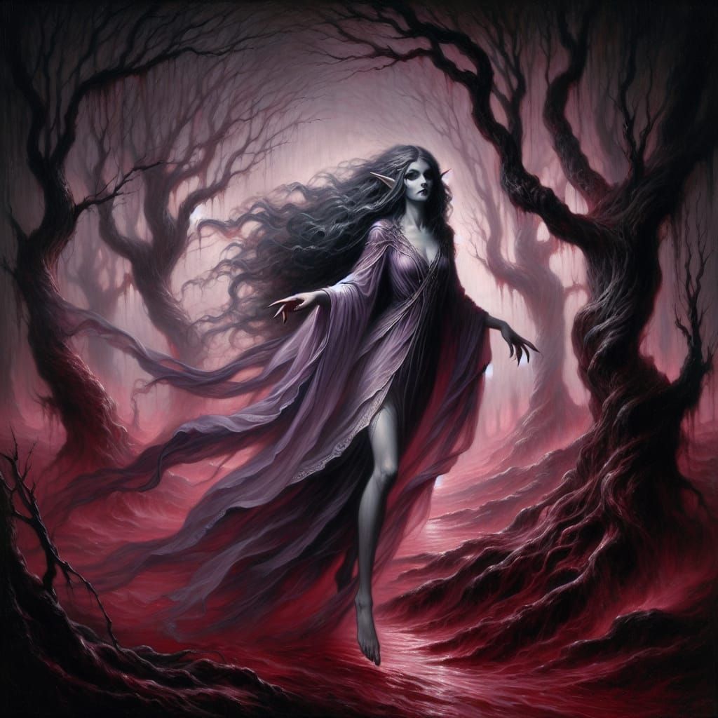 Dark Fantasy Elf Witch Emerges from Scarlet Forest