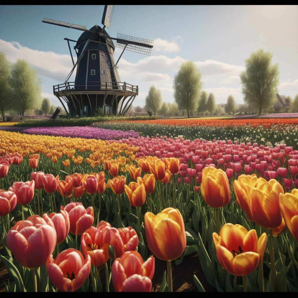 Bumblebee in Tulip Field, Holland, with Windmill