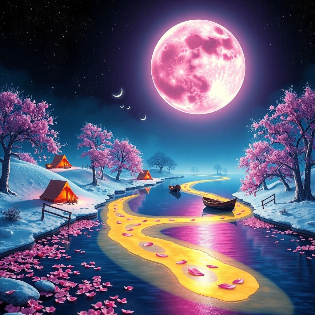 Mystical Moonlit River Scene in Vibrant Digital Art