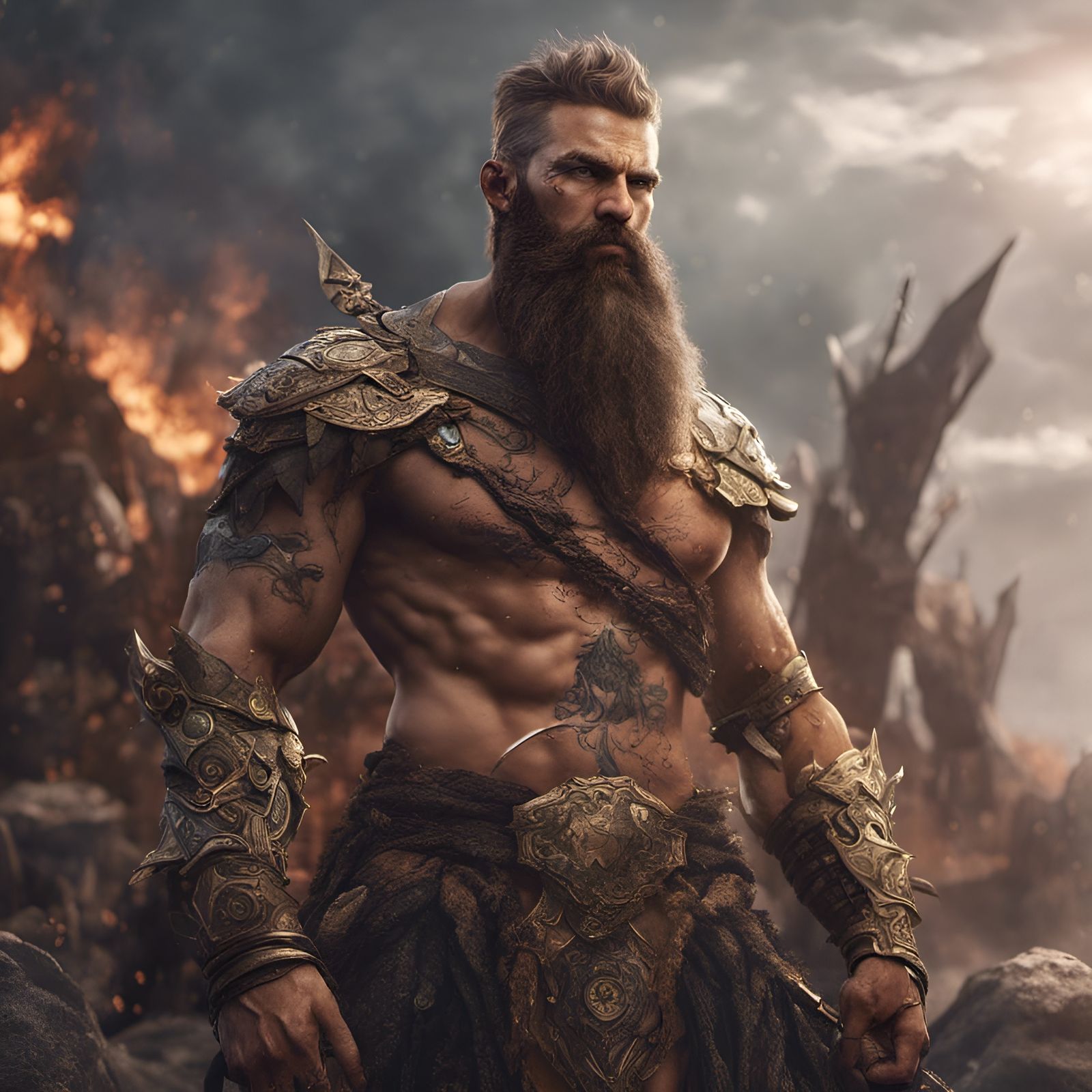 Detailed Matte Painting of Shirtless Bearded Warrior
