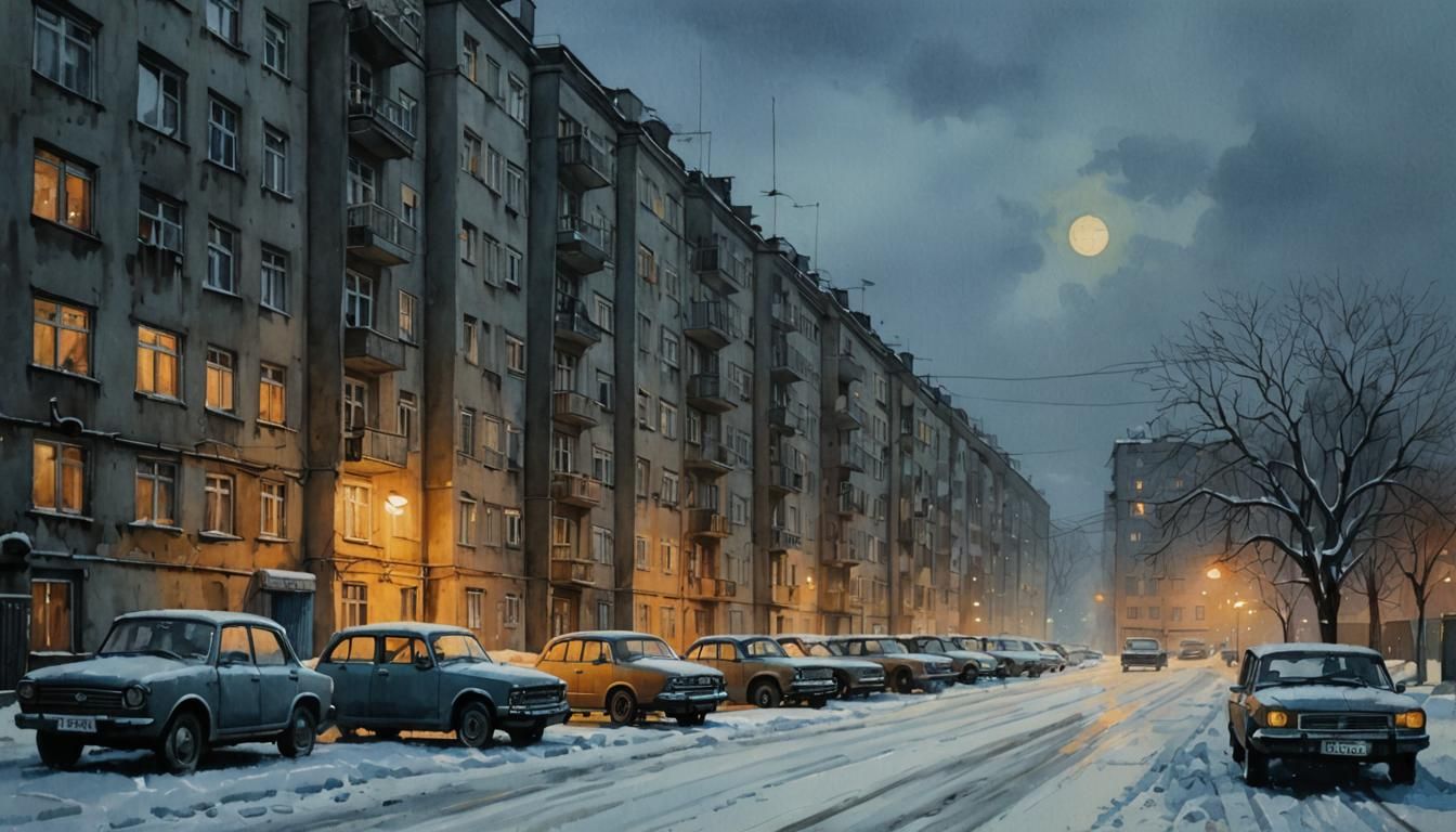 Soviet Winter Night Cityscape in Watercolor Style