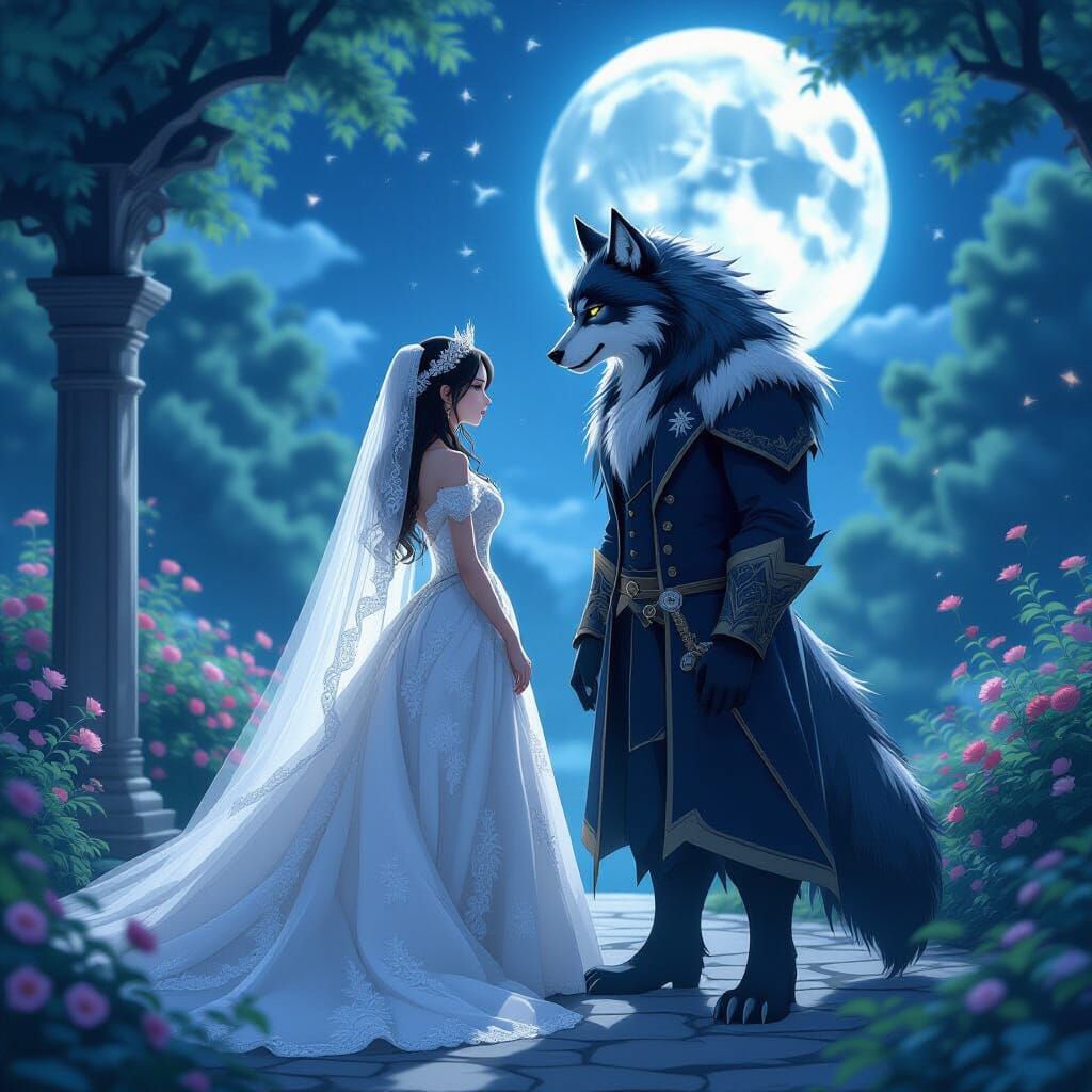 Regal Bride & Cursed Werewolf in Moonlit Garden