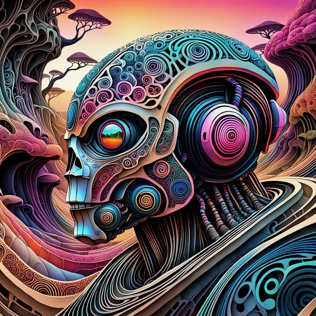 Intricate Robot Elephant in Alien Sunset Landscape