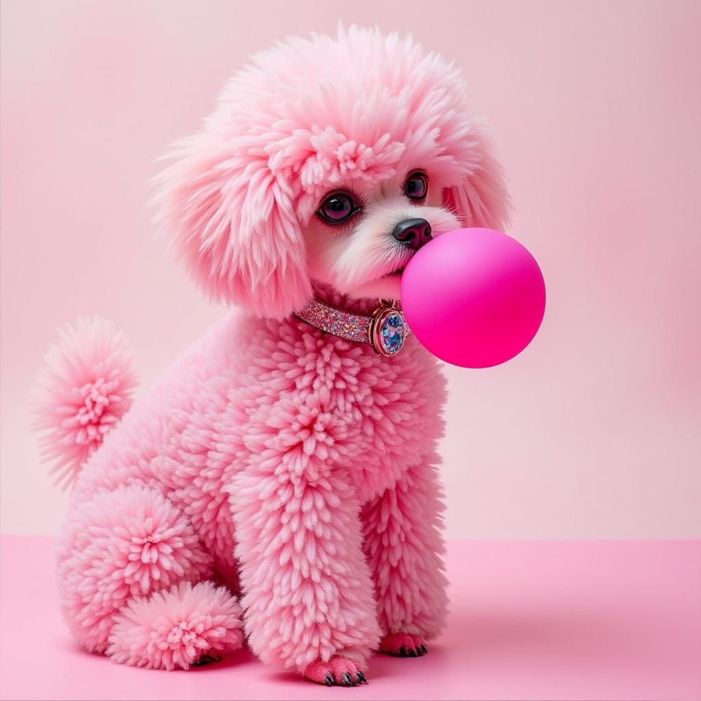 Playful Pink Poodle Chews Bubble Gum in Whimsical Style