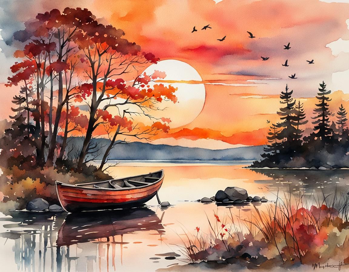 Vintage Impressionist Painting of New England Lake