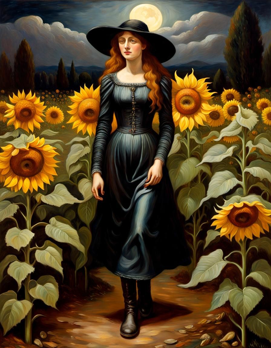 Victorian Woman in Sunflower Garden: Pre-Raphaelite Painting