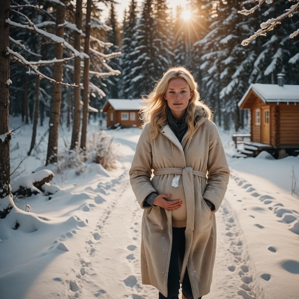 Nordic Woman's Snowy Path Childbirth: Cinematic Still