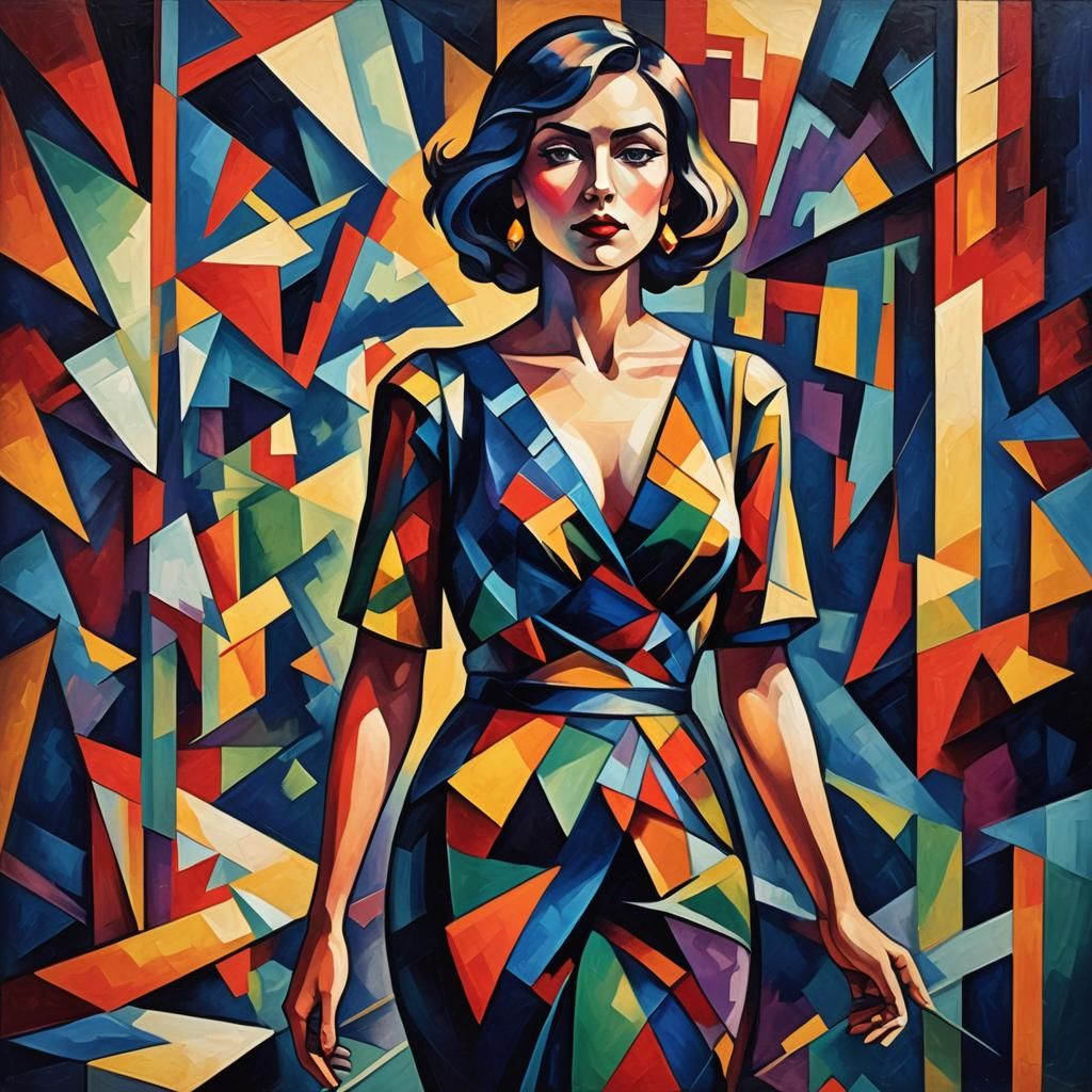 Cubist Woman in Shadow: Geometric Fauvism Painting