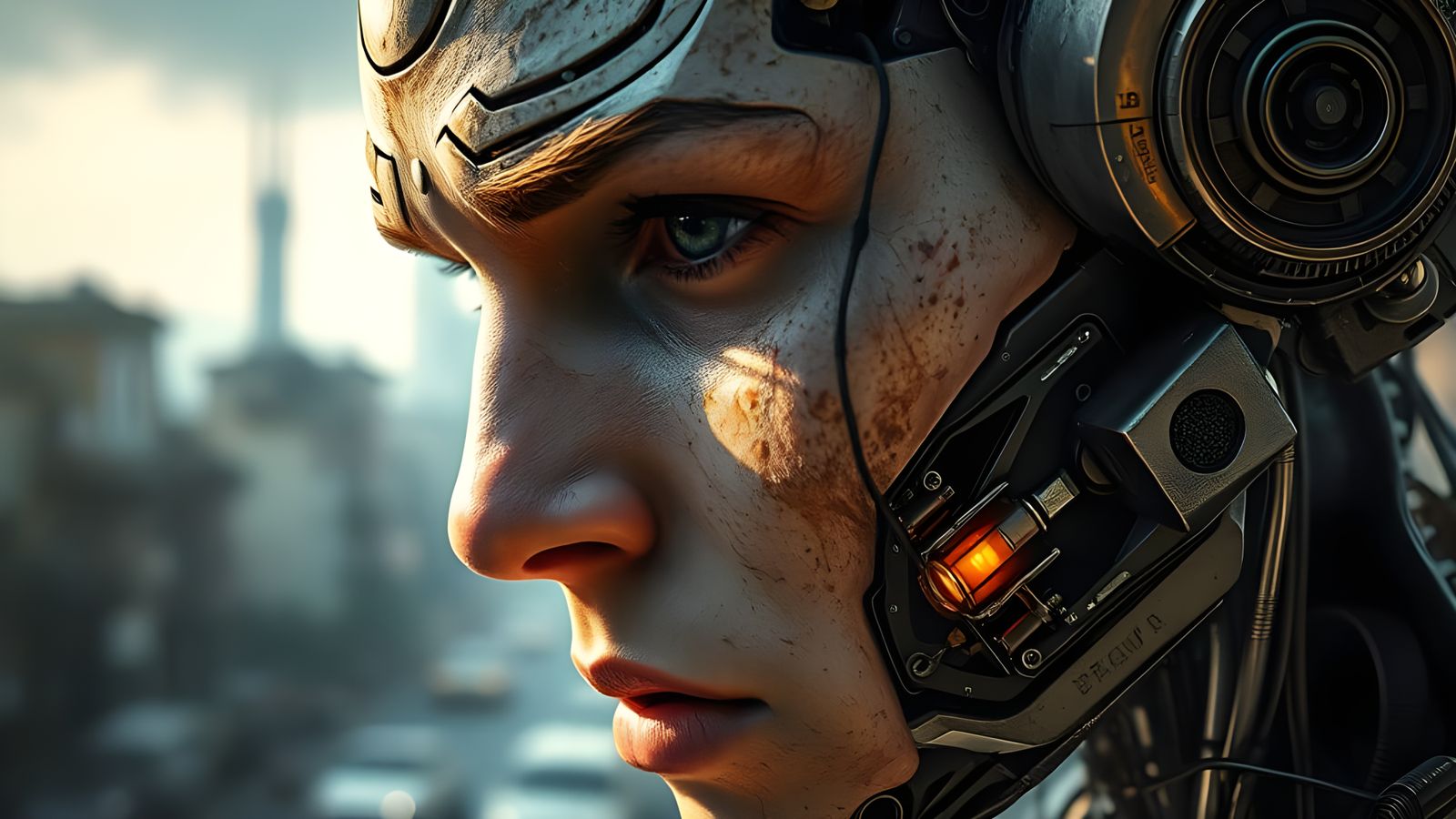 Humanity vs. Machine: Cybernetic Face Close-Up