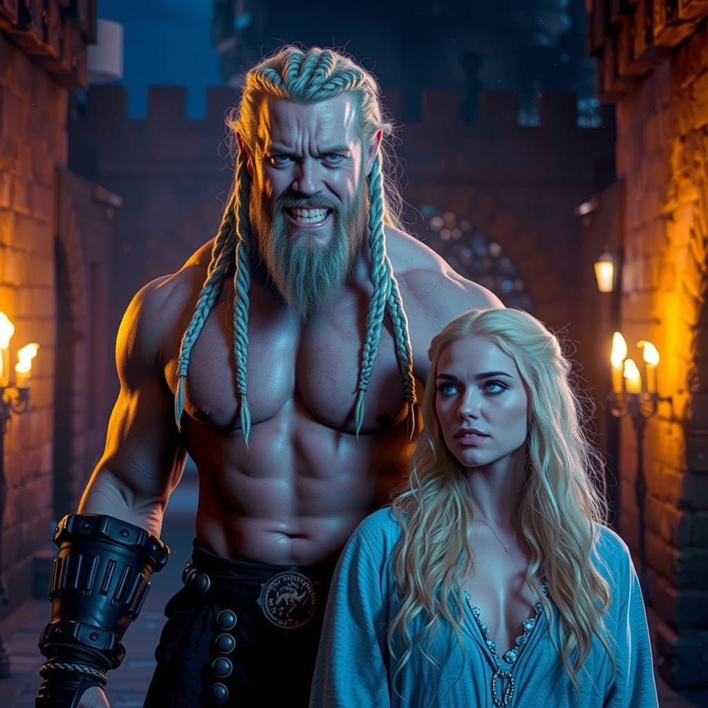 Viking Warrior and Blonde Woman in Castle Hall