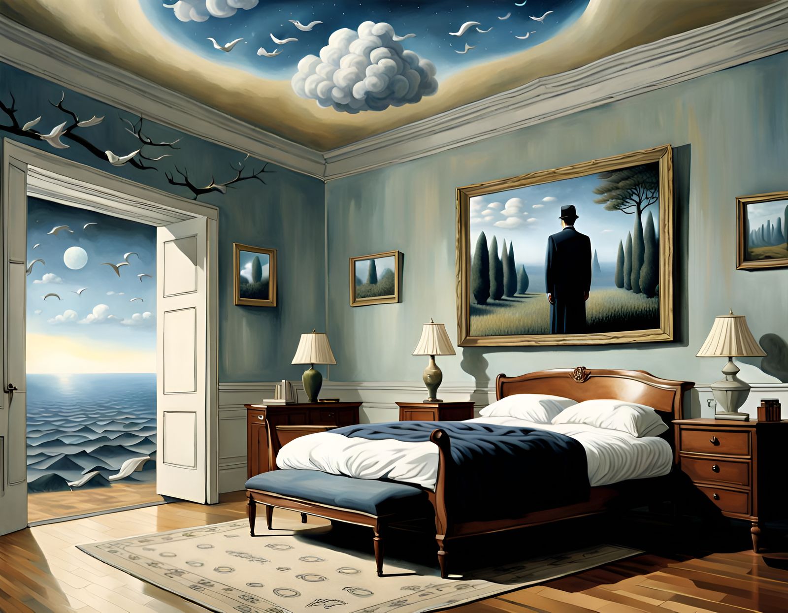 Surreal Sleeplessness: A Movie Scene in Magritte Style