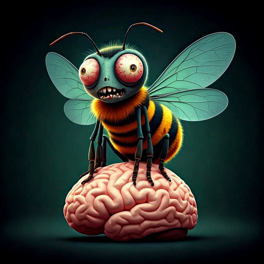 Zombie Bee on Brain in Dystopian Sci-Fi Style