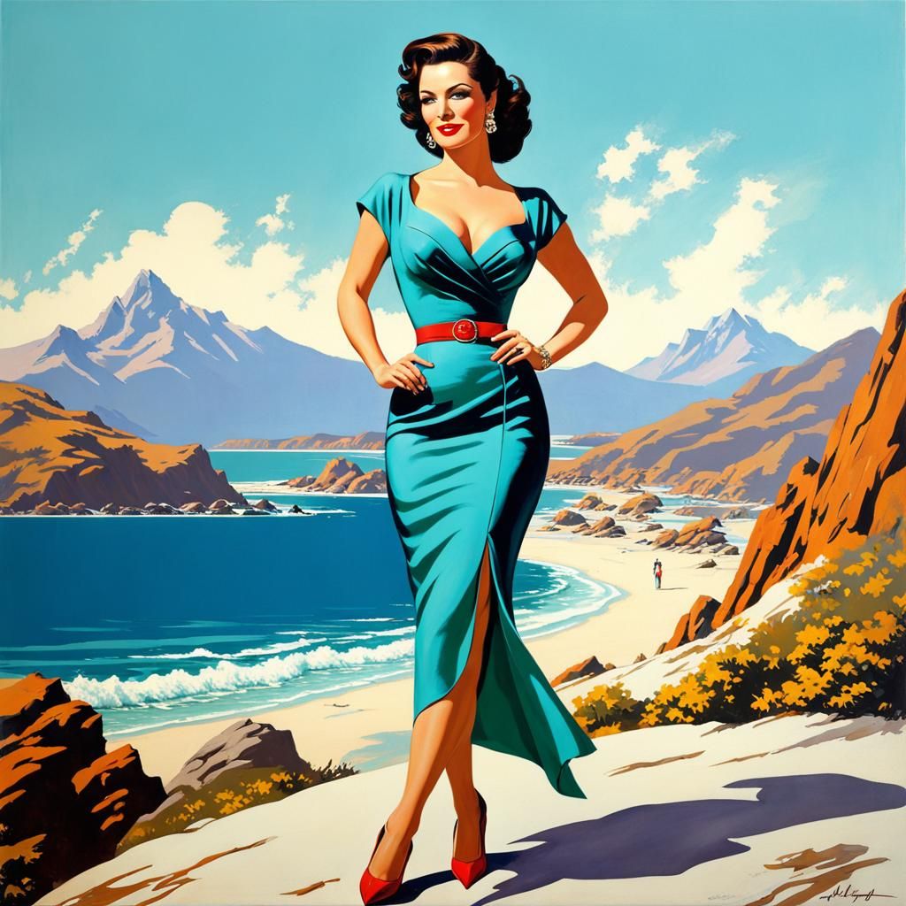 Elegant Woman on Beach in Pop Art Style