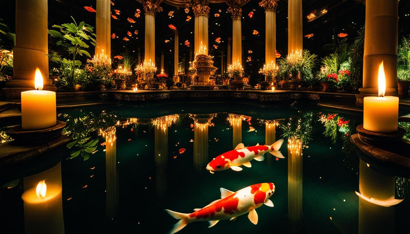 koi fish pond in greenhouse at night