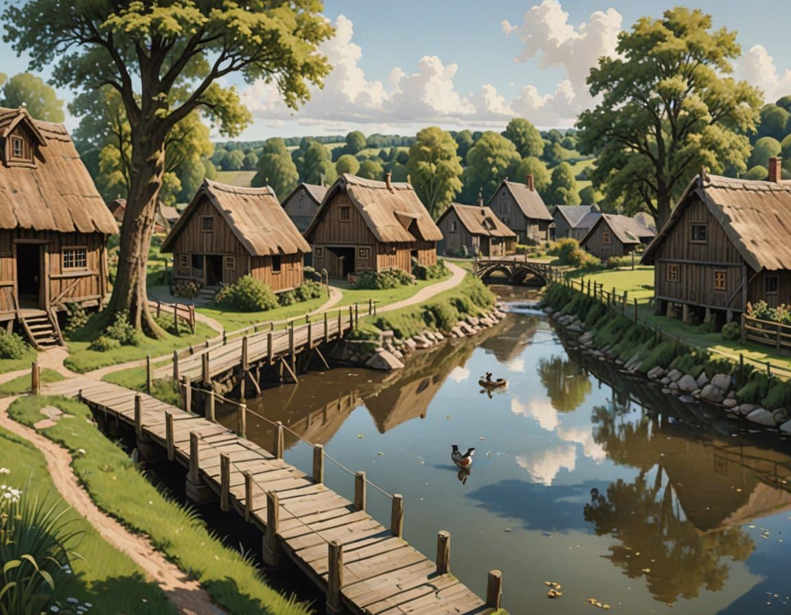 Serene Rural Village Scene in Earthy Digital Illustration St...