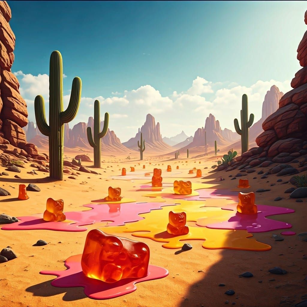 Melting Gummy Bears in a Surreal Desert Landscape