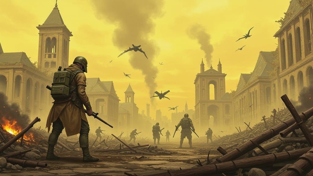 War-Torn Survivor Amidst Ruins in a Bleak, Industrial Landsc...