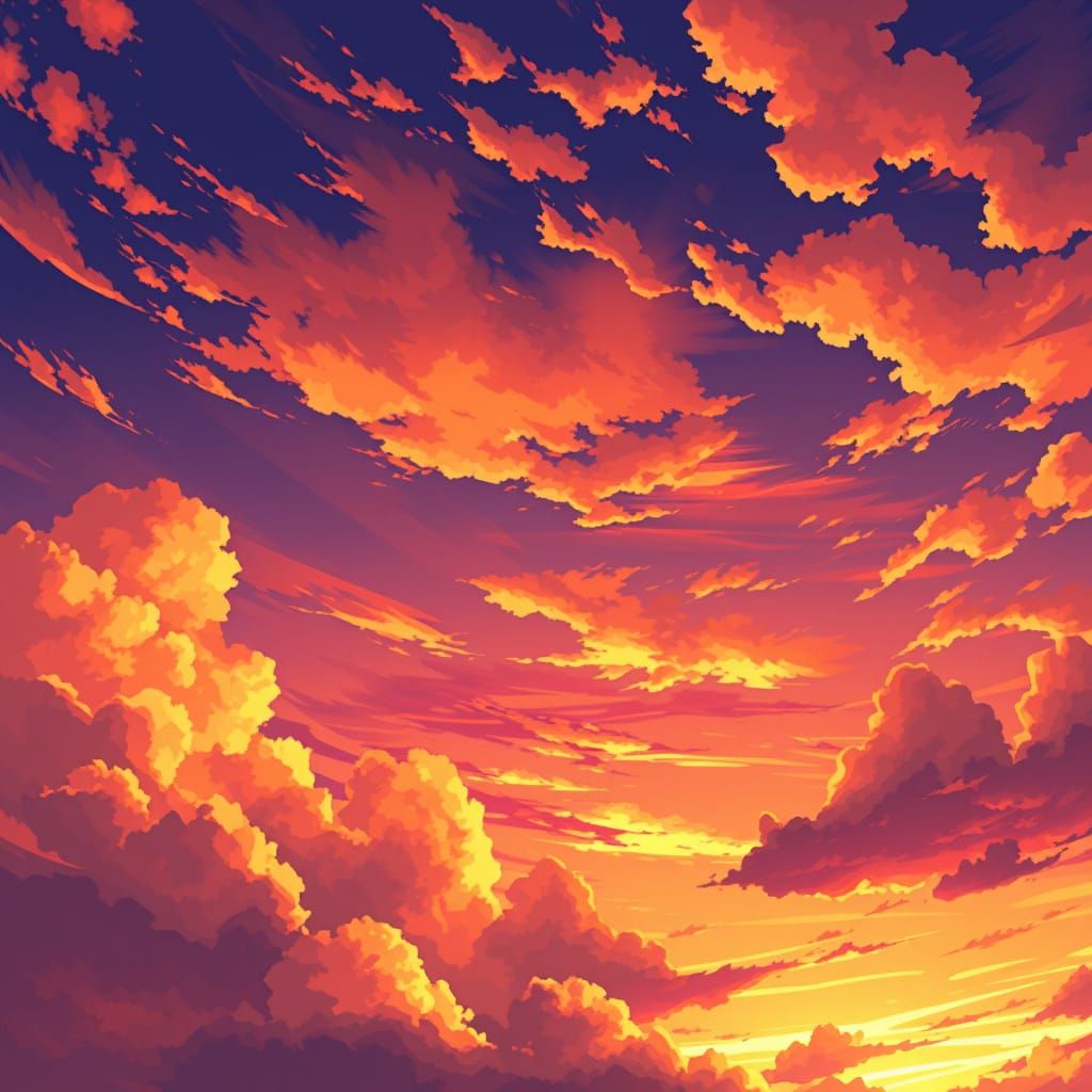Vibrant Anime Sky with Golden Sunset and Soft Pastel Clouds