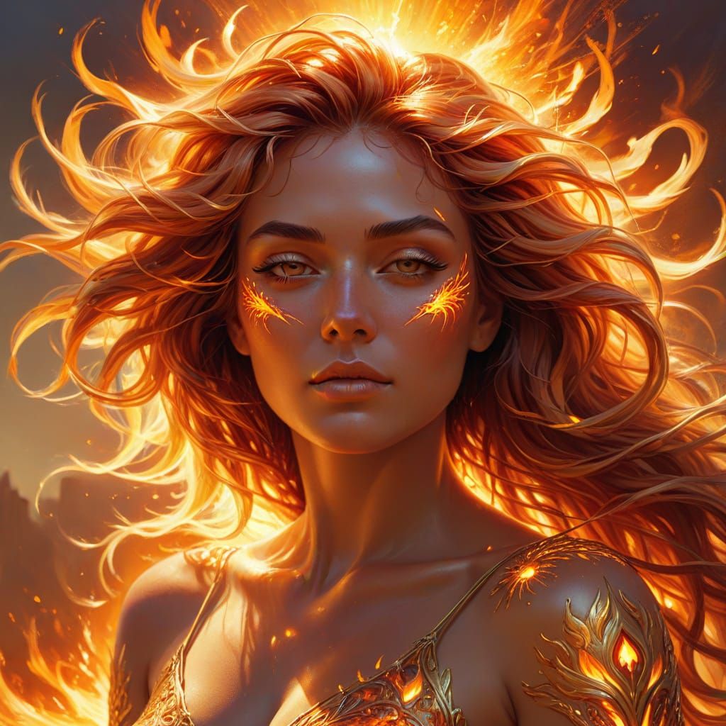 Sun Goddess Embraces the Sun: Surreal Oil Painting