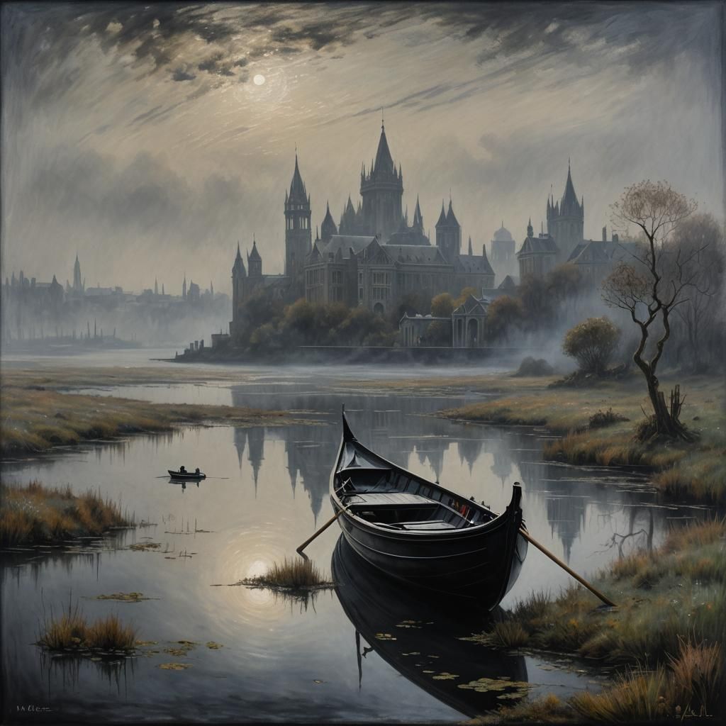Sleek Black Gondola on Moor Pond as Matte Painting