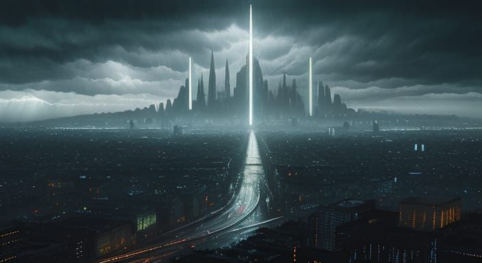 Alien Cityscape in Stormy Skies