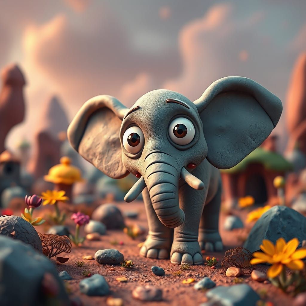 Surreal Clay Elephant in Whimsical Wonderland, Tim Burton St...
