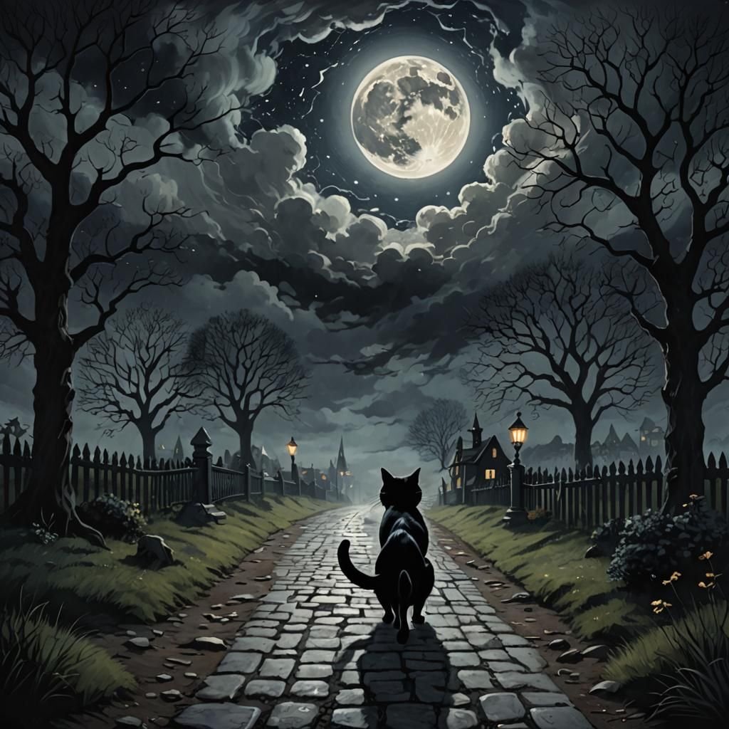 Black Cat on Moonlit Path with Ominous Figure