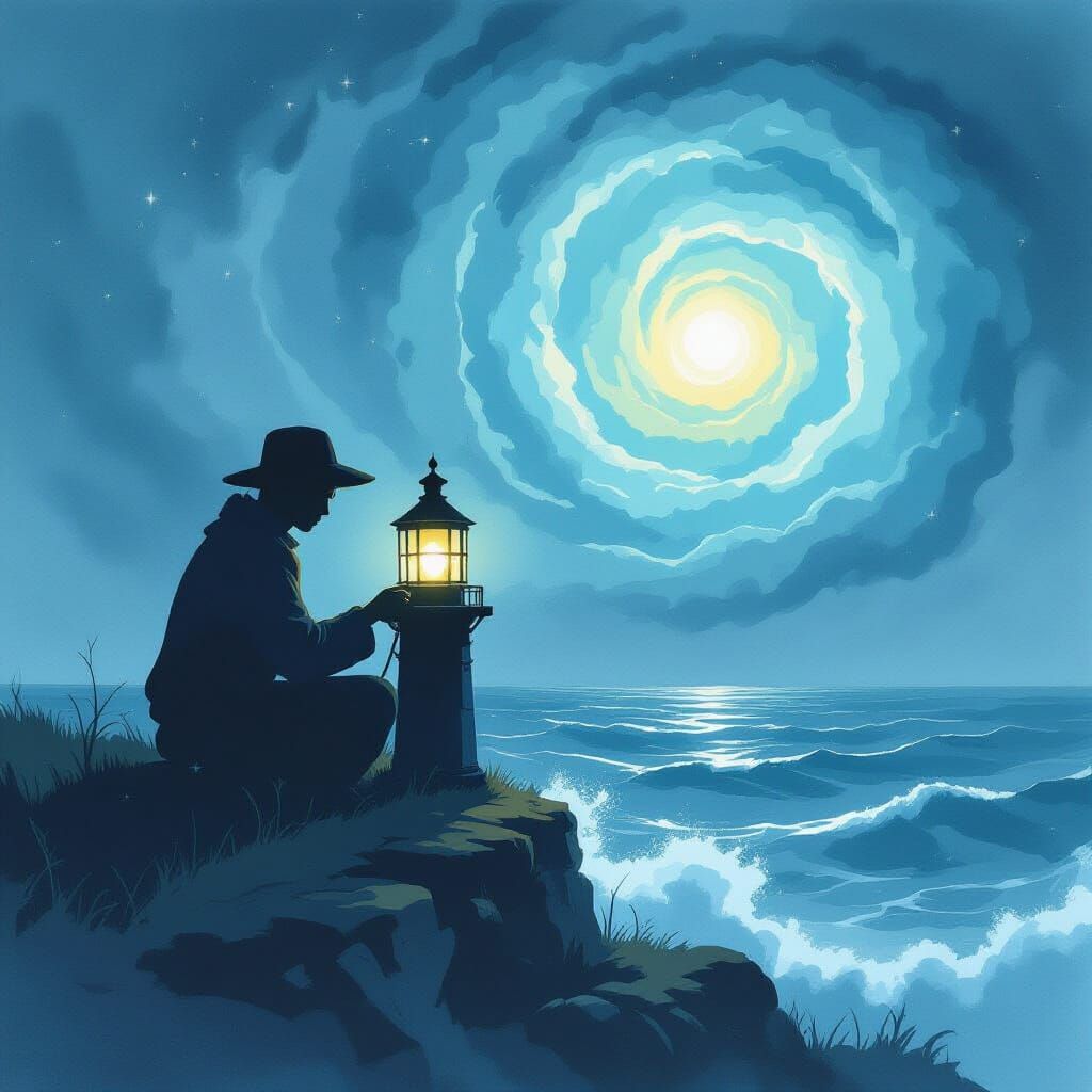 Lighthouse Keeper Tending Lamp in Stormy Seas