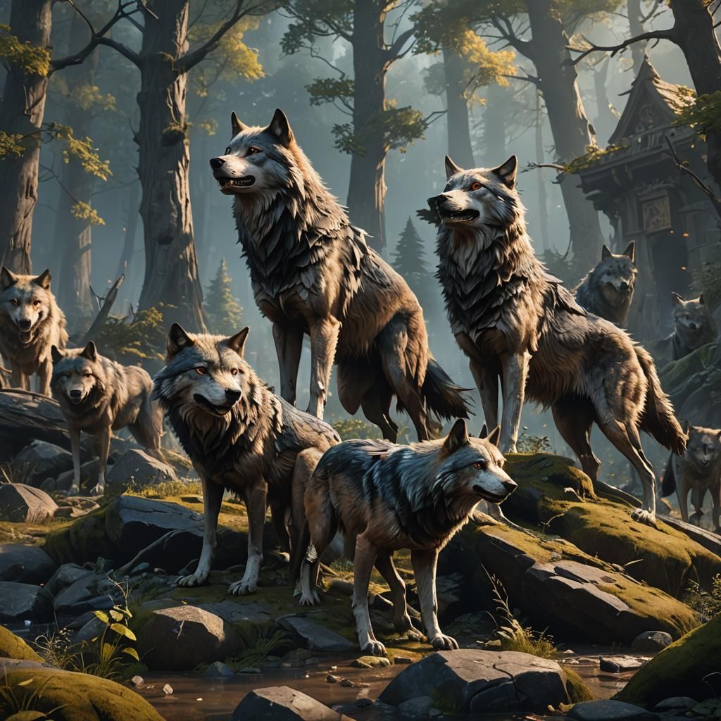 Detailed Matte Painting of Wolves in Fantasy Landscape