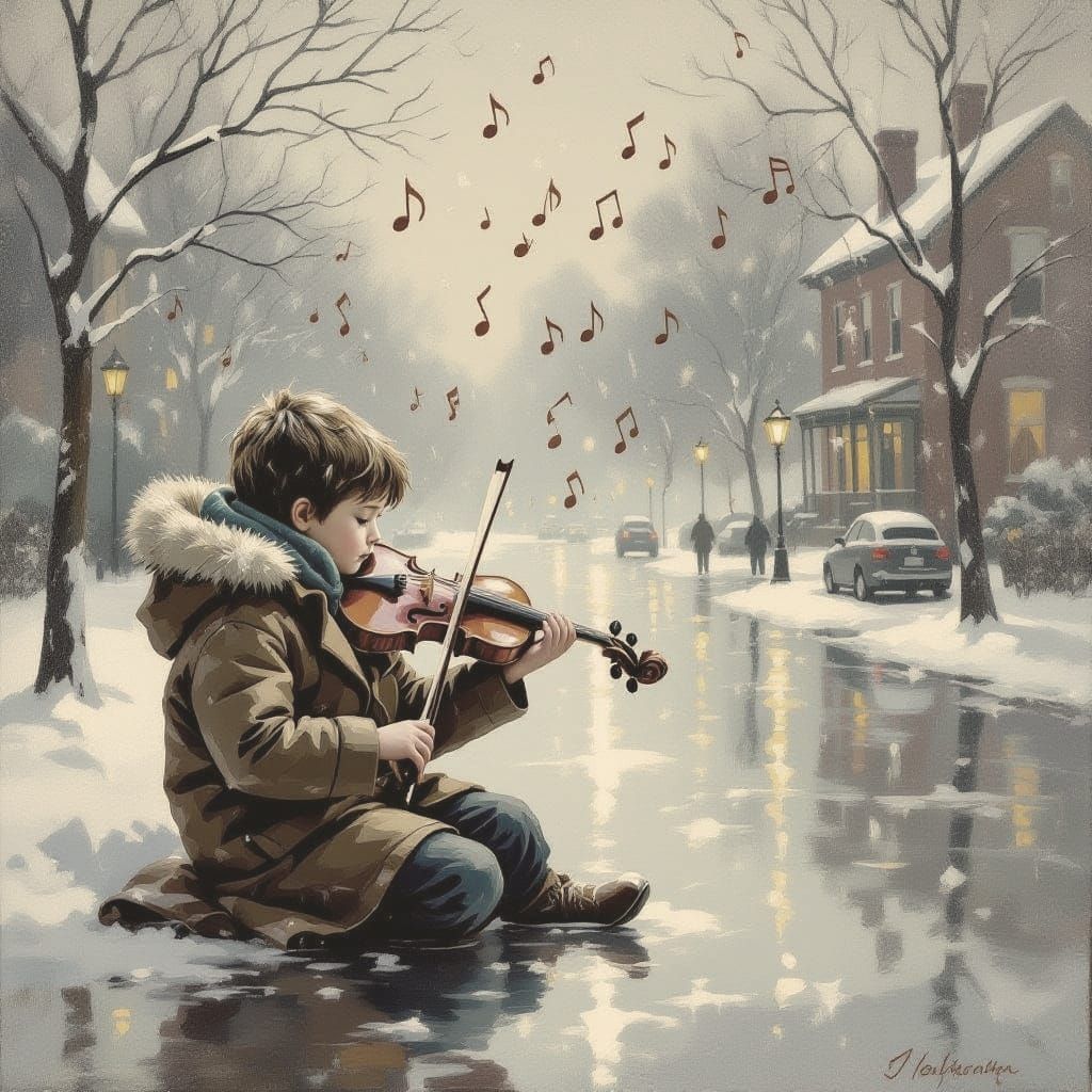 Boy Plays Violin in Winter Rain Amidst Musical Notes