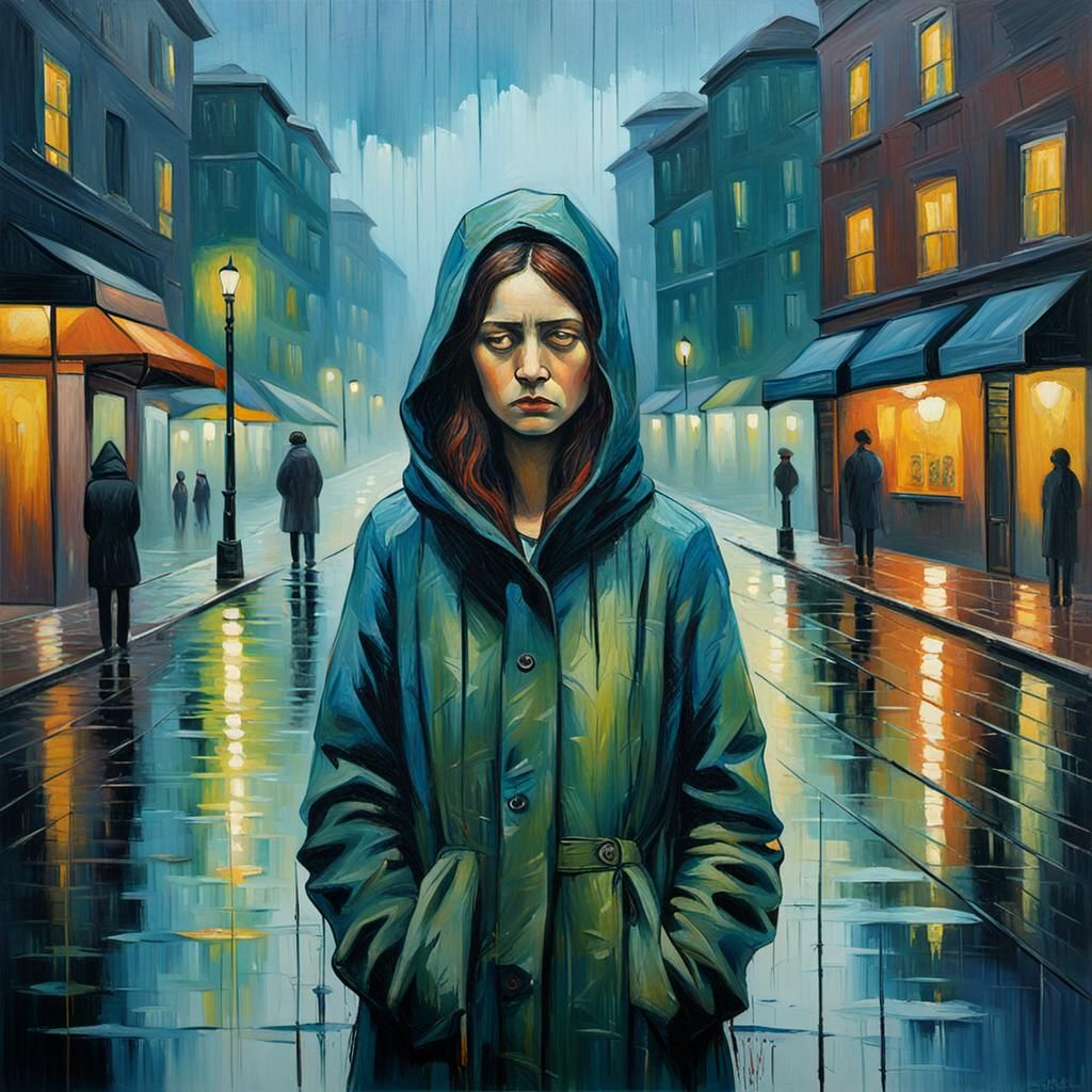 Melancholy Woman in Rainy Cityscape: Neo-Impressionism