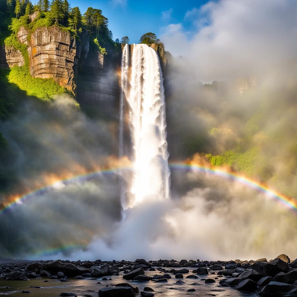 Majestic Waterfall Rainbow in Afternoon Light