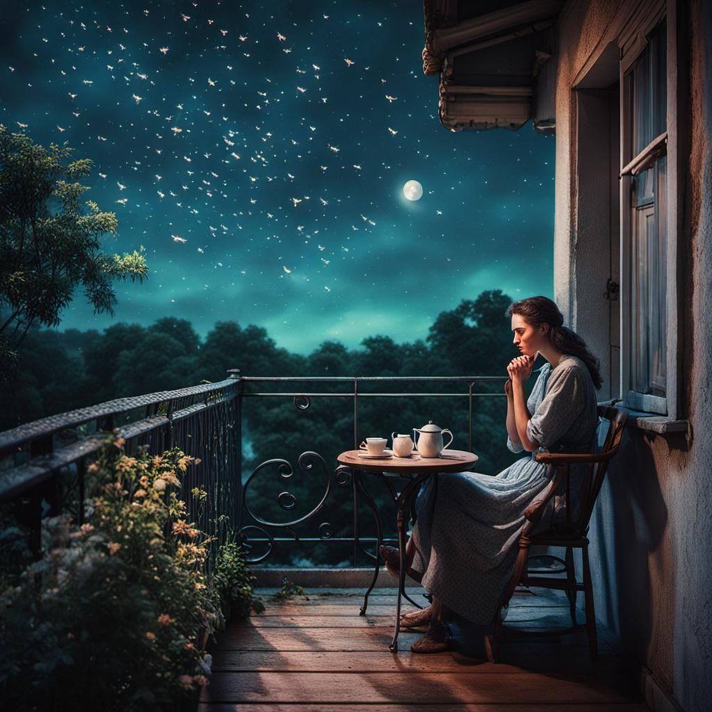 Girl with Cat Under Firefly Sky: Cinematic Still