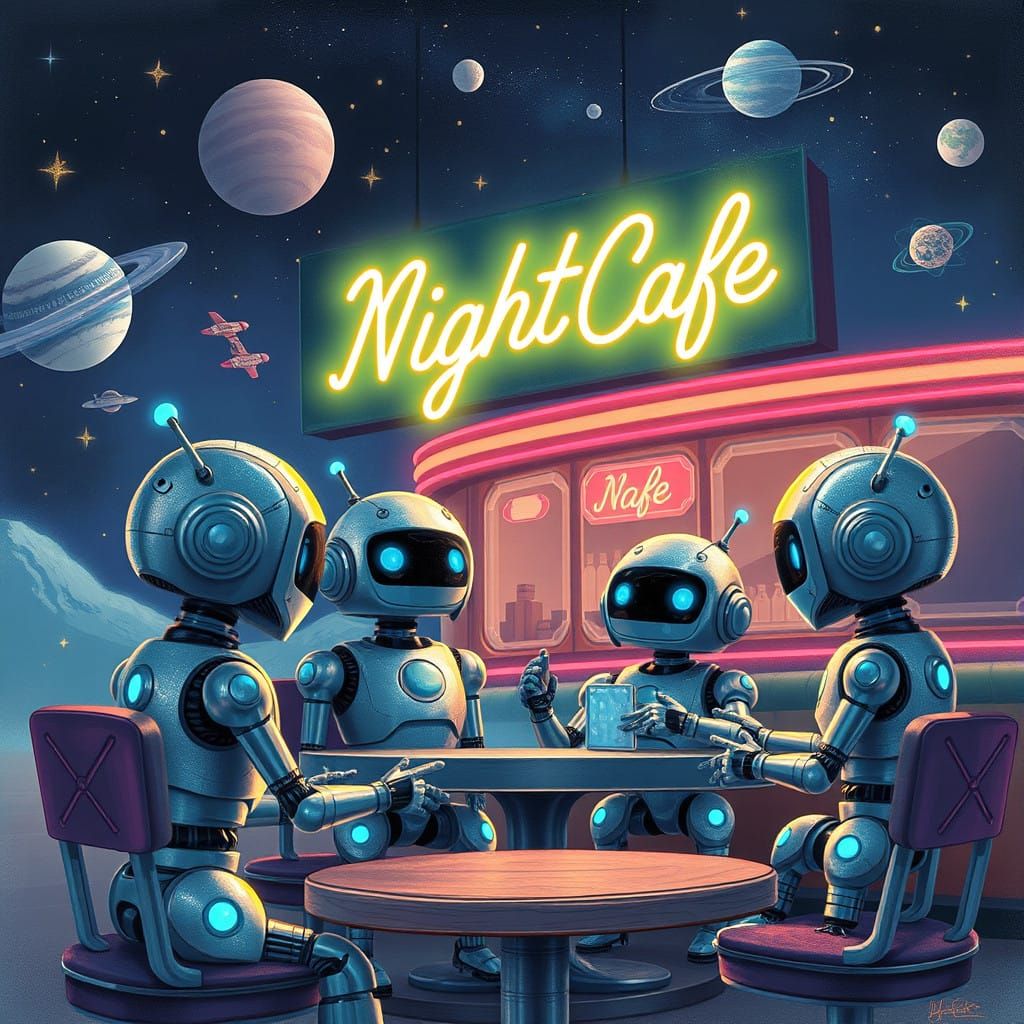 Adorable Robots Gather at Futuristic NightCafe in Outer Spac...