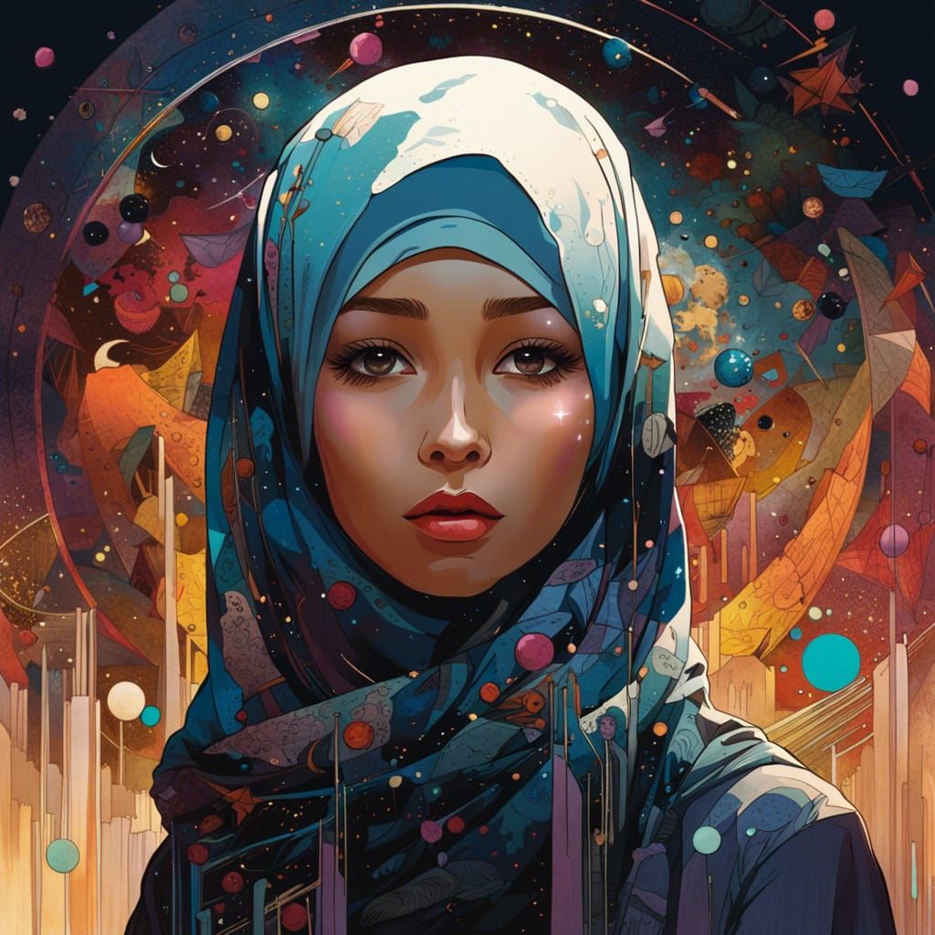 Constellation Hijab Girl in Anime Space Style