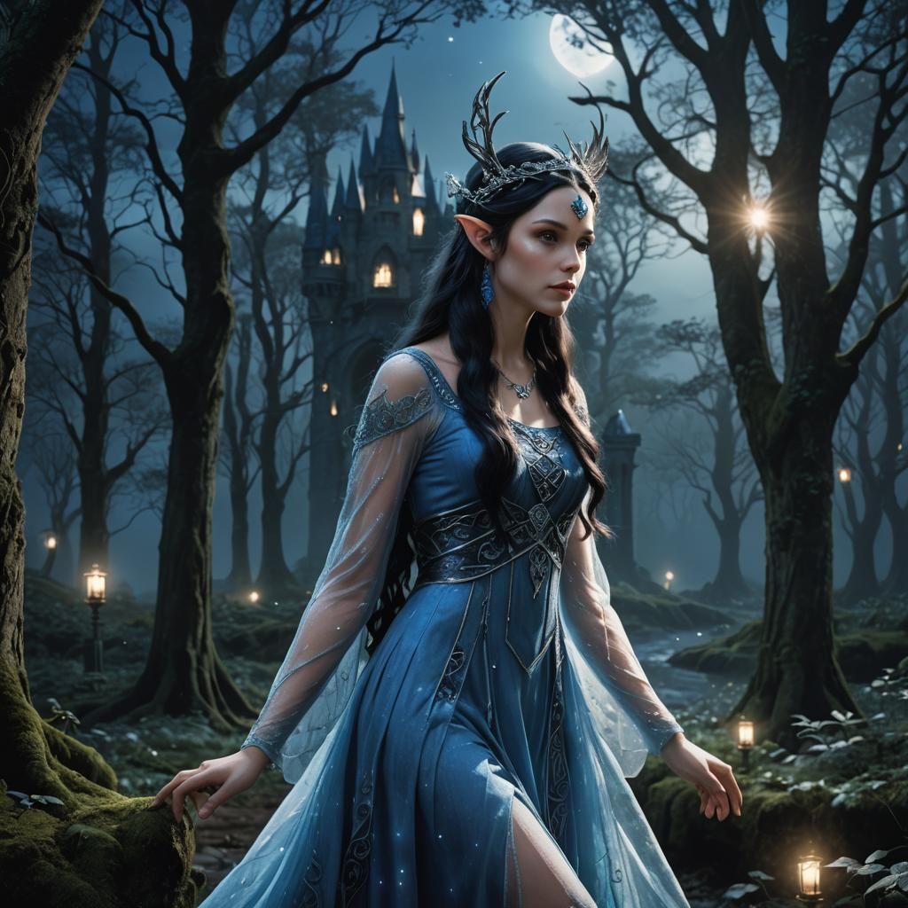Blue Fairy in Elven Palace Under Moonlight