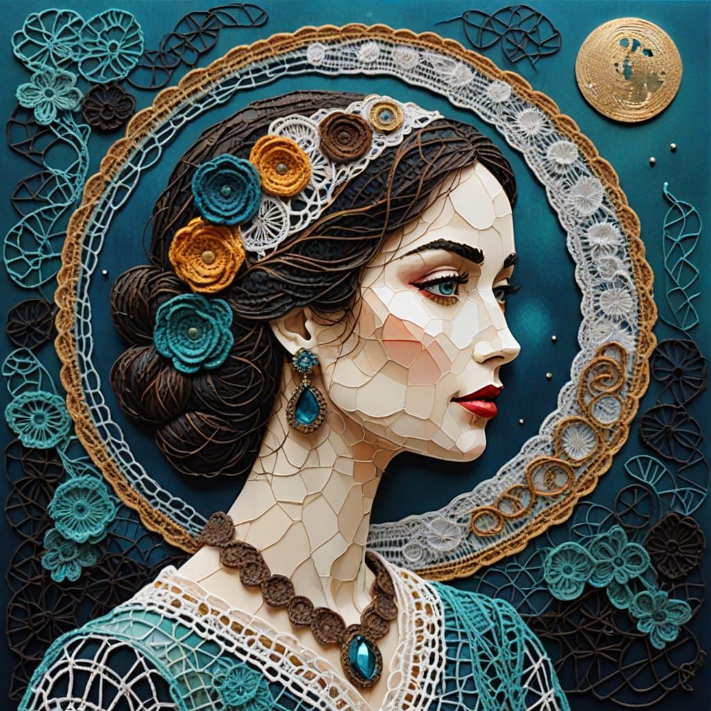 Elegant Lady Under the Moonlight in Vibrant Mixed Media