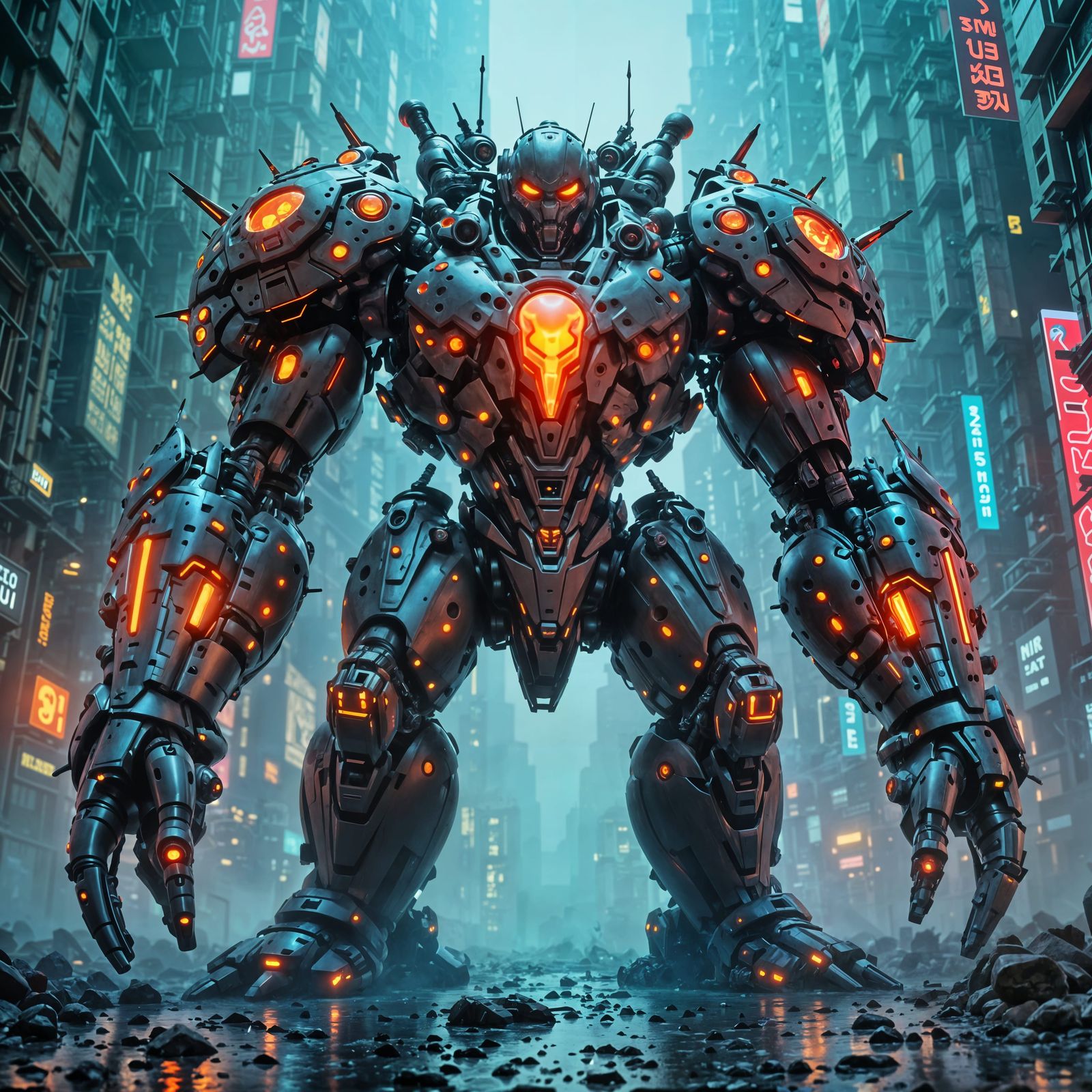 Giant Cyberpunk Mecha in Neon City Rain