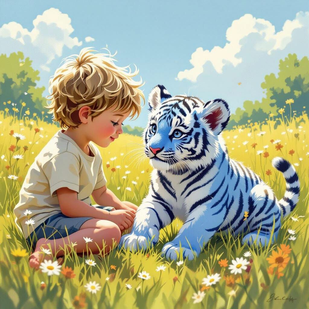 Blue Tiger Cub and Boy in Sunny Meadow