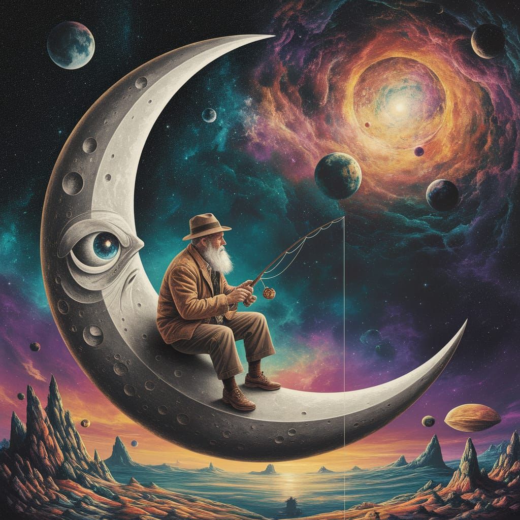 Surrealist Cosmic Landscape with Old Man Fishing