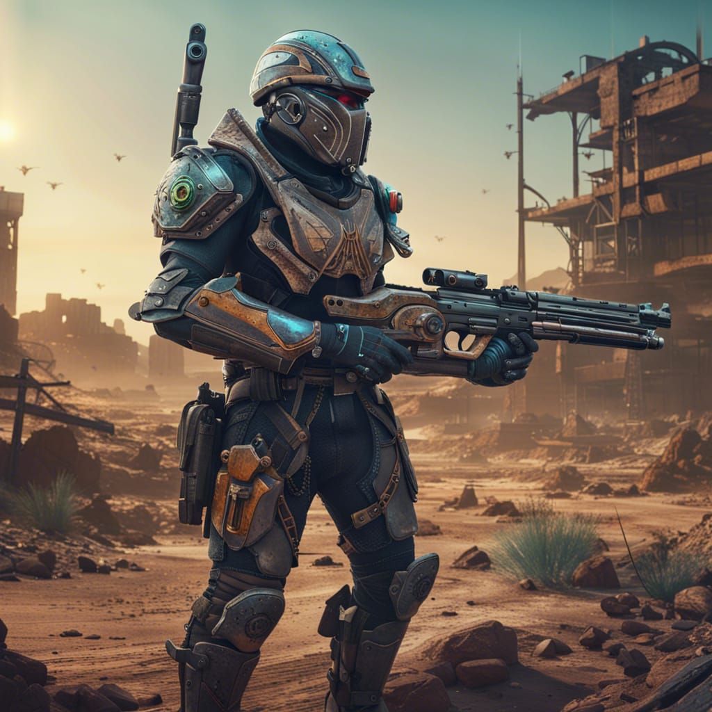 Futuristic Bounty Hunter in Wasteland, Digital Art