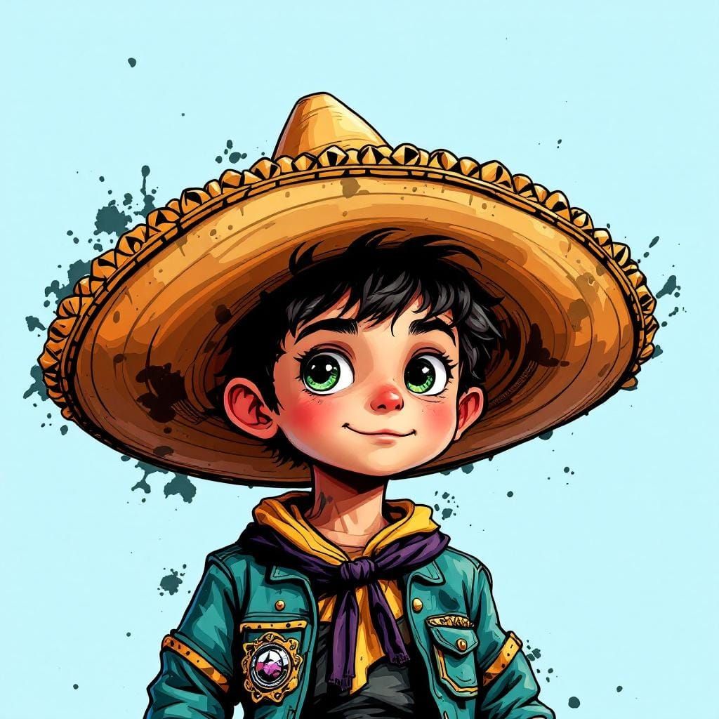 Cartoon Boy in Sombrero, Detailed Comic Book Art