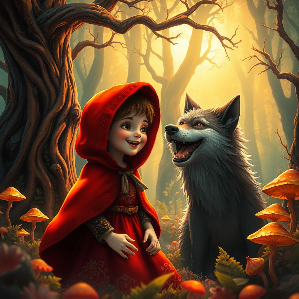 Little Red Riding Hood and Laughing Wolf in Dreamlike Forest