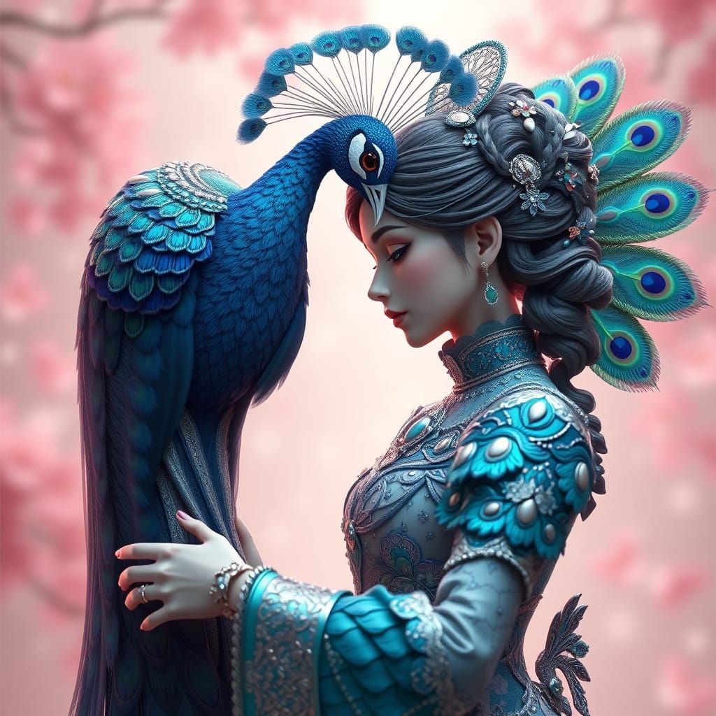 Peacock and Lady in Anime Art Style