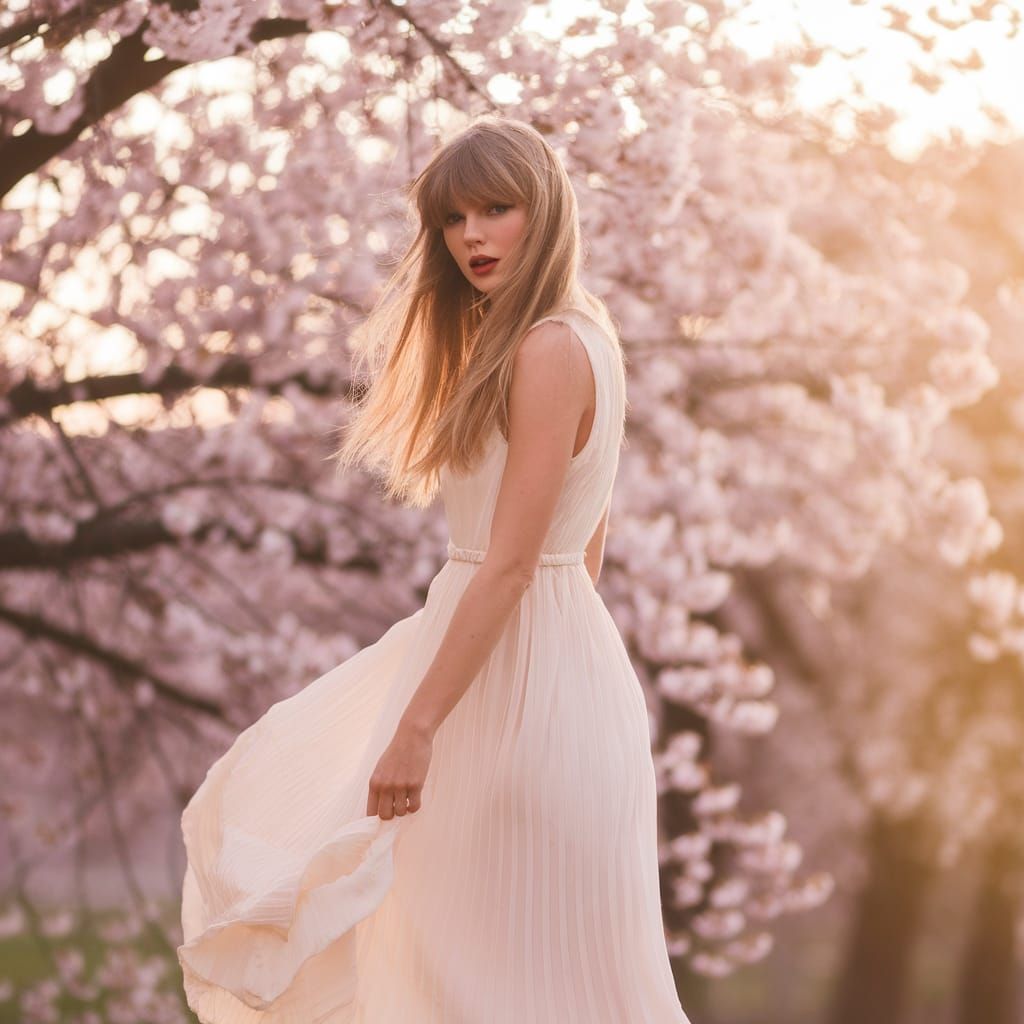 Taylor Swift in Dreamy Cherry Blossom Landscape