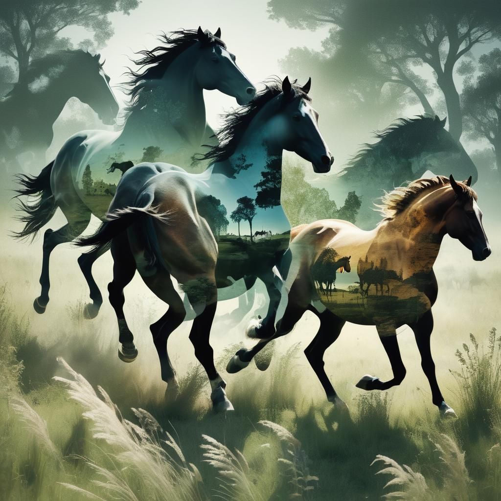 Centaur Silhouette in Double Exposure with Horses