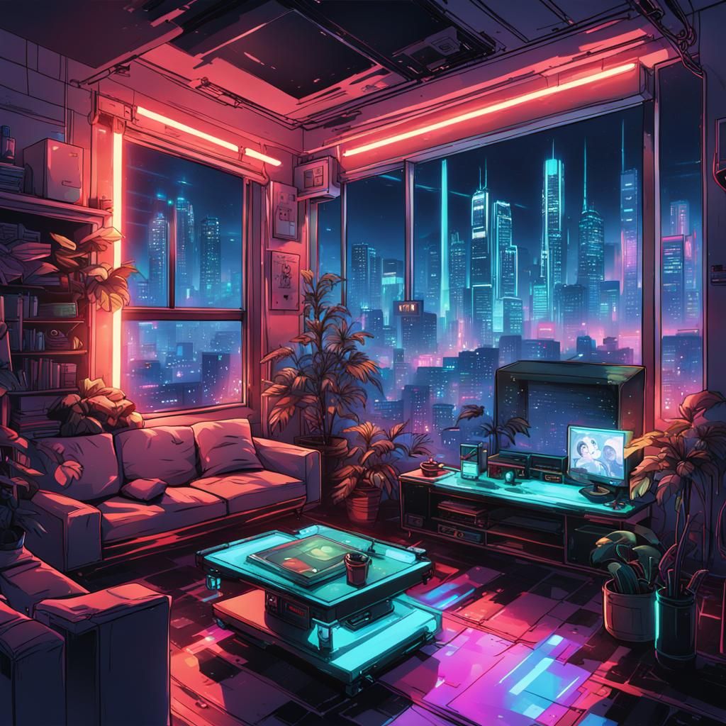 Cyberpunk Living Room with Neon Lights in Anime Style