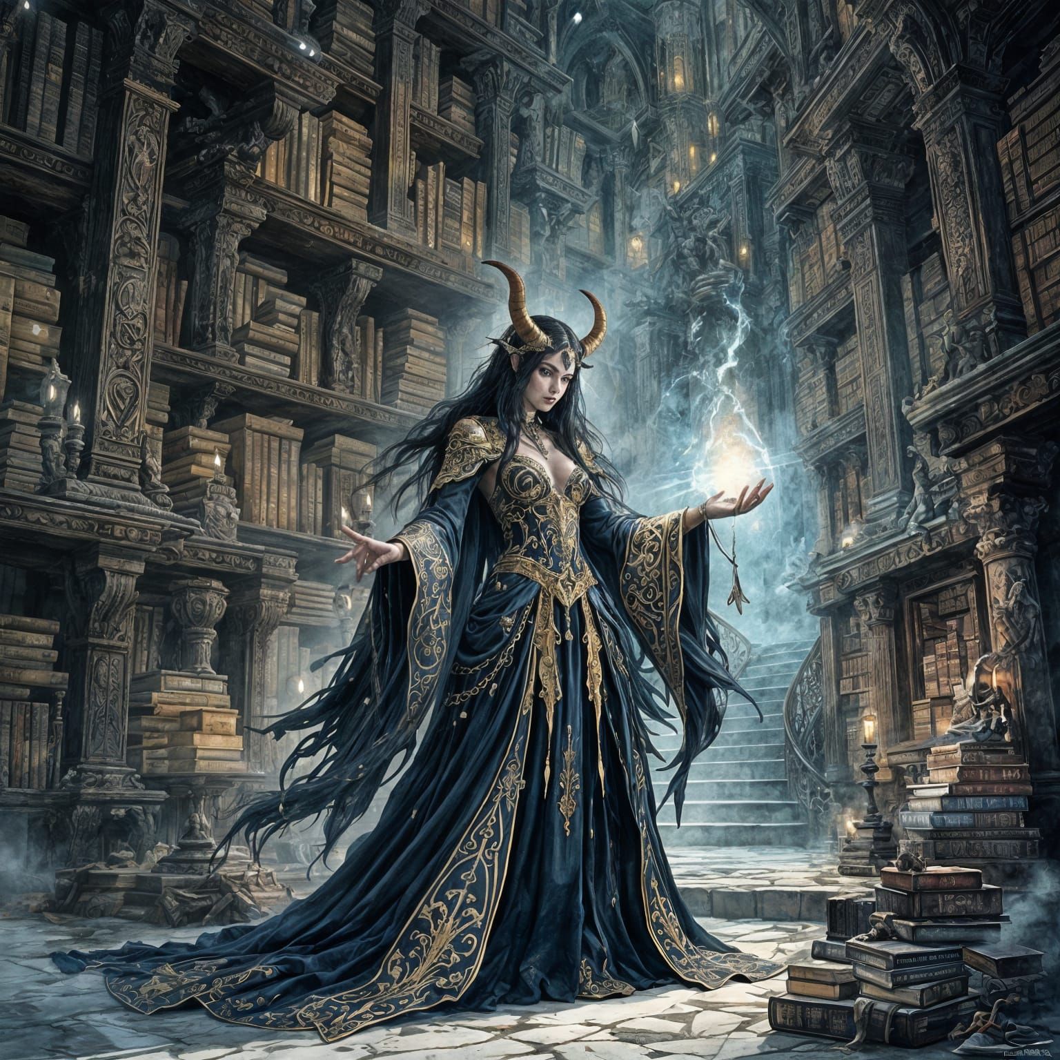 Tiefling Sorceress Casting Spell in Gothic Manga Style