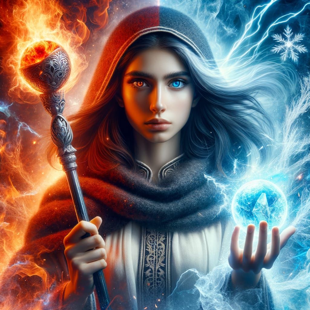 Middle-Eastern Mage with Staff of Fire and Ice